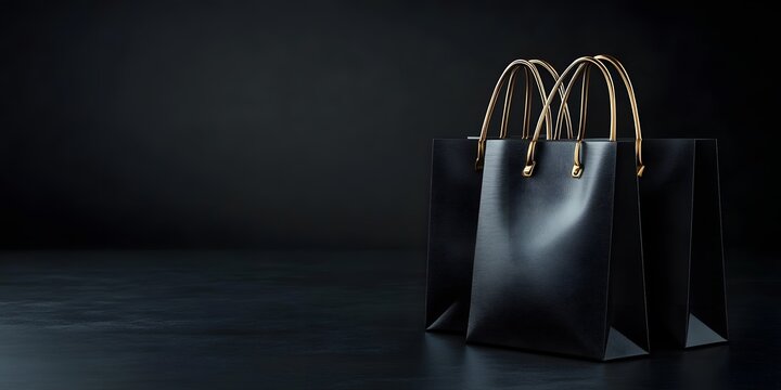 Black shopping bags on dark festive background.