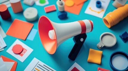 A colorful array of objects, including a megaphone, a magnifying glass, and various shapes and colors on a blue background.