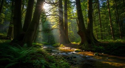 Fototapeta premium Sunlight streams through a dense forest, illuminating trees and a flowing stream.