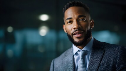 Confident businessman presenting in a modern office setting