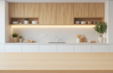 Smooth wooden surface in sharp focus, pastel grey kitchen with soft blur, countertop texture image for calm kitchen interior styling