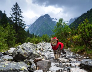 Calico cat wearing sunglasses and hat on rocky trail enjoying nature. Cute kitten in sun protection gear at scenic outdoor location.