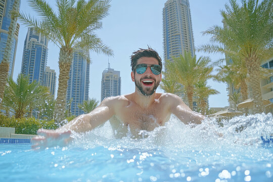 Joyful man swimming in urban pool with skyscraper skyline and palm trees