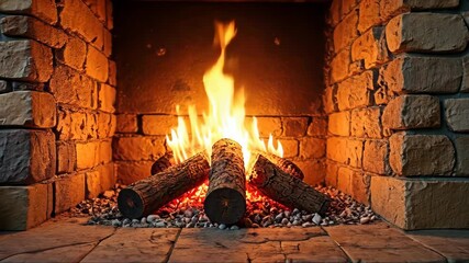 A cozy fireplace with burning logs inside a wooden wall room, a chair in the foreground, soft warm light from the fire create inviting and cozy atmosphere. winter evening - Powered by Adobe