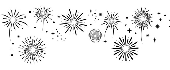 Fireworks Display Silhouette, A stunning monochromatic display of fireworks bursts across the night sky, with a dynamic arrangement of bursts, stars, and streaks, evokes a sense of celebration.