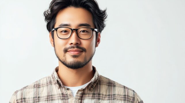 A young man with black hair wearing glasses and a plaid shirt, standing against a white background.