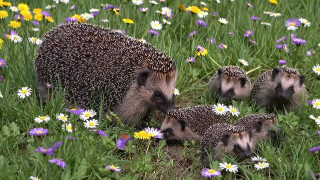 Hedgehog family exploring a meadow filled with wildflowers