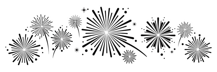 Obraz premium Fireworks Display Silhouette, A stunning monochromatic display of fireworks bursts across the night sky, with a dynamic arrangement of bursts, stars, and streaks, evokes a sense of celebration.