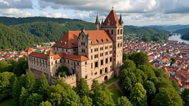 A captivating aerial perspective of Heidelberger Schloss castle nestled within the Heidelberg city center of Baden-W&uuml;rttemberg, Germany.