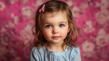 A young girl with long, wavy hair, wearing a light blue dress, standing in front of a pink floral background.