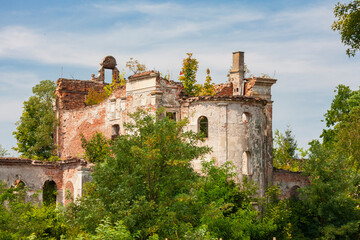 Ruins of an ancient palace slowly being consumed by encroaching vegetation
