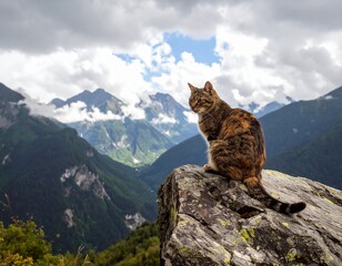 Orange tabby cat wearing green hiking backpack standing on rocky mountain summit overlooking layered mountain ranges during golden hour sunset with dramatic lighting. Ginger feline