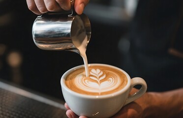 Milk pouring into espresso cup with tulip latte art, precise microfoam and dramatic lighting, cinematic barista styling for artisan café shots
