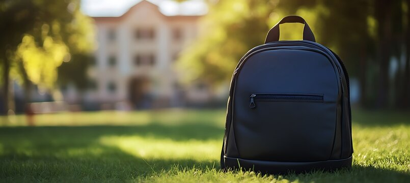 A stylish laptop backpack on the right, blurred college campus scene
