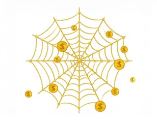 A golden spiderweb with dollar coins, illustrating a strategy to widely trap or attract financial opportunities and profits.