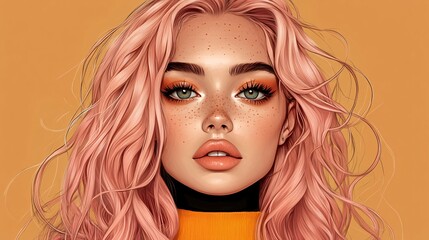 Obraz premium stunning digital portrait of a young woman with pink hair and freckles in warm tones