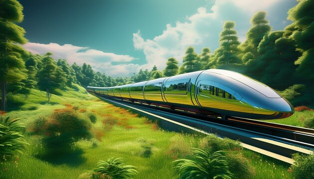 high speed trains futuristic sci fi monorail train concept of future futuristic forest background grass field - Powered by Adobe
