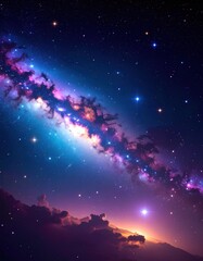Cosmic vista of a spiral galaxy, glowing clouds, celestial bodies