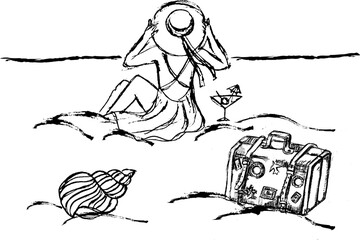 Woman relaxing on beach with suitcase and cocktail in summer  