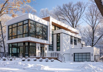 Beautiful contemporary home with pristine white walls set against a winter backdrop, showcasing large windows and a snowy landscape