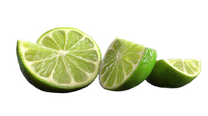 Three vibrant lime wedges freshly cut and bursting with citrusy flavor beckoning refreshment on transparent background