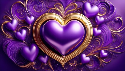 heart shaped purple balloons in a golden frame on a swirling purple background
