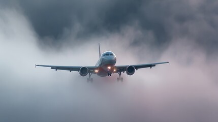 Obraz premium A commercial airliner descending through thick clouds, preparing to land at an international airport