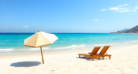 Beach chair and umbrella, Beach scene, Summer vacation, Tropical beach setup, Lounge chair on sand, Beach umbrella vector, Seaside relaxation, Coastal holiday scene, Umbrella and chair, Beach furnitur