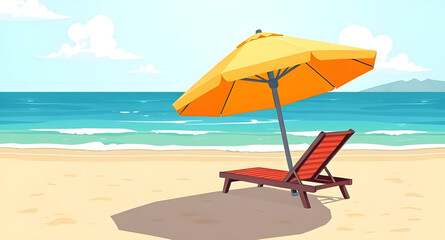 Fototapeta premium Beach chair and umbrella, Beach scene, Summer vacation, Tropical beach setup, Lounge chair on sand, Beach umbrella vector, Seaside relaxation, Coastal holiday scene, Umbrella and chair, Beach furnitur