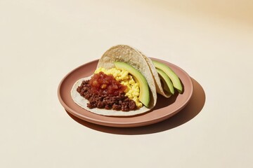 Fresh breakfast tacos with avocado, scrambled eggs, and chorizo on a plate with neutral background