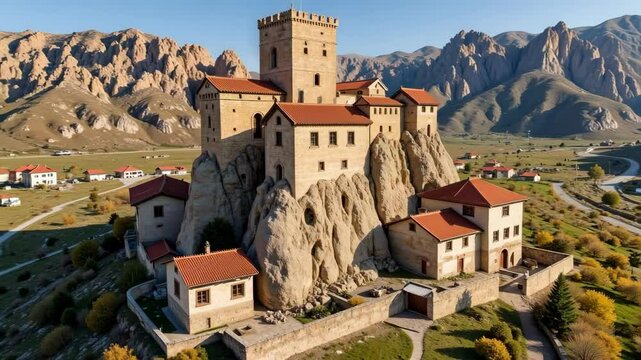 Soar above Ortahisar Castle in Turkey with stunning rock formations and a quaint traditional village in breathtaking aerial 4K footage.