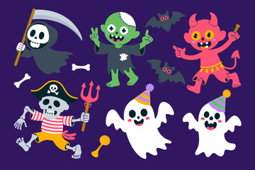 Naklejka premium Scary clown vector with cute Halloween characters like ghosts, zombies, and a grim reaper for comical contrast. Perfect for Halloween designs.