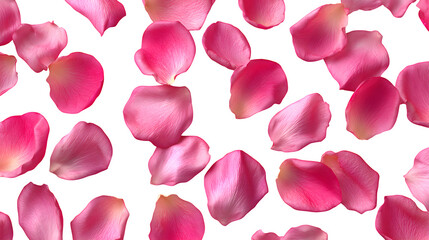 Scattered pink rose petals elegantly fall against a stark transparent background, creating a romantic, floral aesthetic with soft textures and highlights.