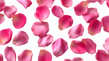 Scattered pink rose petals elegantly fall against a stark transparent background, creating a romantic, floral aesthetic with soft textures and highlights.