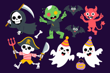 Fototapeta premium Scary clown vector with cute Halloween characters like ghosts, zombies, and a grim reaper for comical contrast. Perfect for Halloween designs.