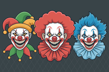 Fototapeta premium Scary clown vector featuring three menacing clown faces in different hair and costumes. Perfect for Halloween designs or circusthemed projects.
