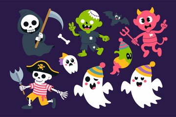 Scary clown vector with cute Halloween characters like ghosts, zombies, and a grim reaper for comical contrast. Perfect for Halloween designs.