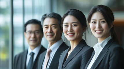 Four business professionals standing in a modern office setting, dressed in formal attire, with a blurred background.