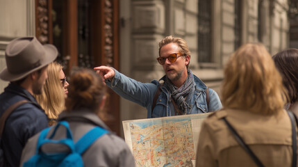 A man pointing at a map while a group of people look on