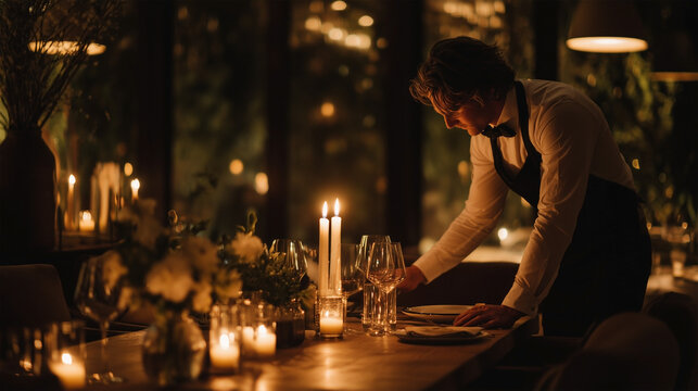 A man in a black vest is setting up a table with candles and wine glasses