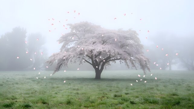 A minimalist watercolor painting of a lone cherry blossom tree standing in the middle of a foggy mea