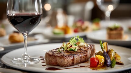 A fine dining setting with a beautifully plated steak, paired with gourmet sides and a glass of red wine, emphasizing an elegant and sophisticated meal.