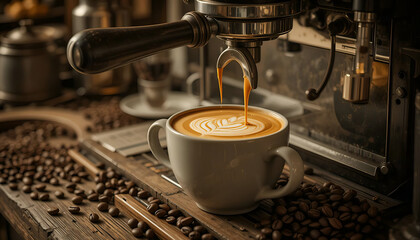 Minimalist Coffee Setup – Single Origin Espresso Pouring into Matte Grey Cup with Latte Art