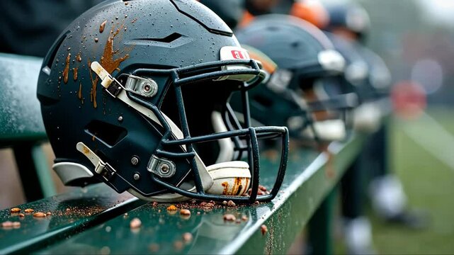 A close-up of a football player's mud streaked helmet resting on the bench, raindrops sliding down its surface, the blurred motion stadium arena background.