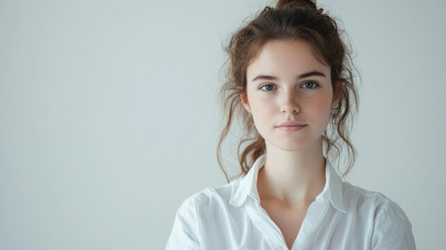 A young woman with brown hair tied back, wearing a white shirt, standing against a plain white background.