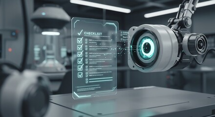 Futuristic Robotic Arm with Holographic Checklist in Industrial Setting