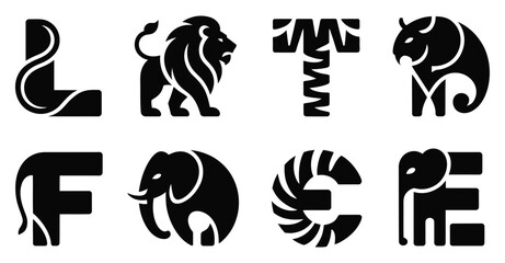 creative animal typography alphabet with black and white letters formed by wildlife silhouettes for modern design and branding
