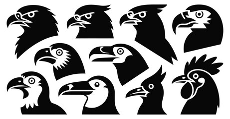 set of stylized bird head silhouettes including eagle, parrot, rooster, hawk, and more – black and white vector illustration