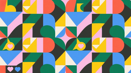 Geometric abstract pattern with hearts and vibrant colors, repeating design.