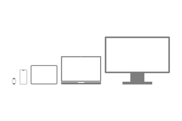 Device icons set. Symbols of smart watches, smart phones, tablets, laptops and desktop computers. Collection of digital devices. Vector illustration on transparent background